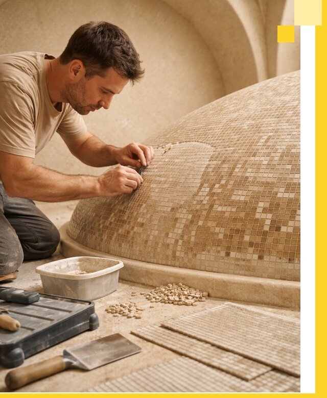 Профессиональная укладка мозаики для хамама под ключ в Азове